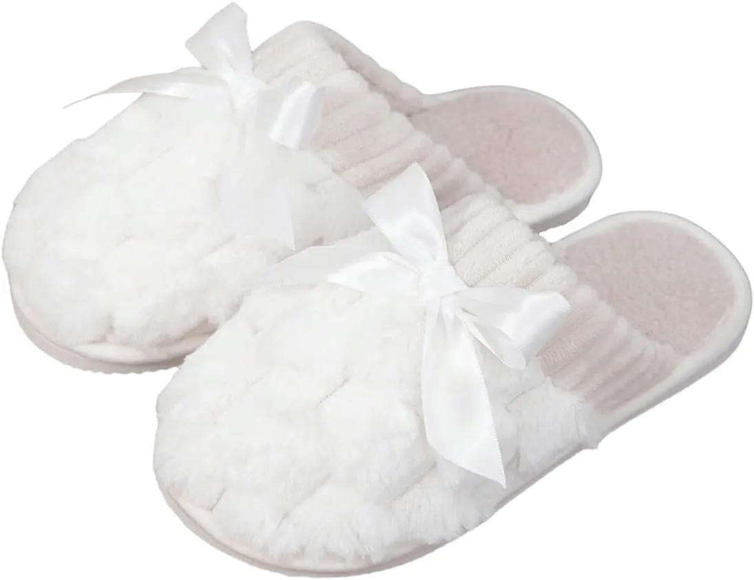 Verdusa Women's Bow Memory Foam Slippers Warm Slip On Faux Fur House Slippers