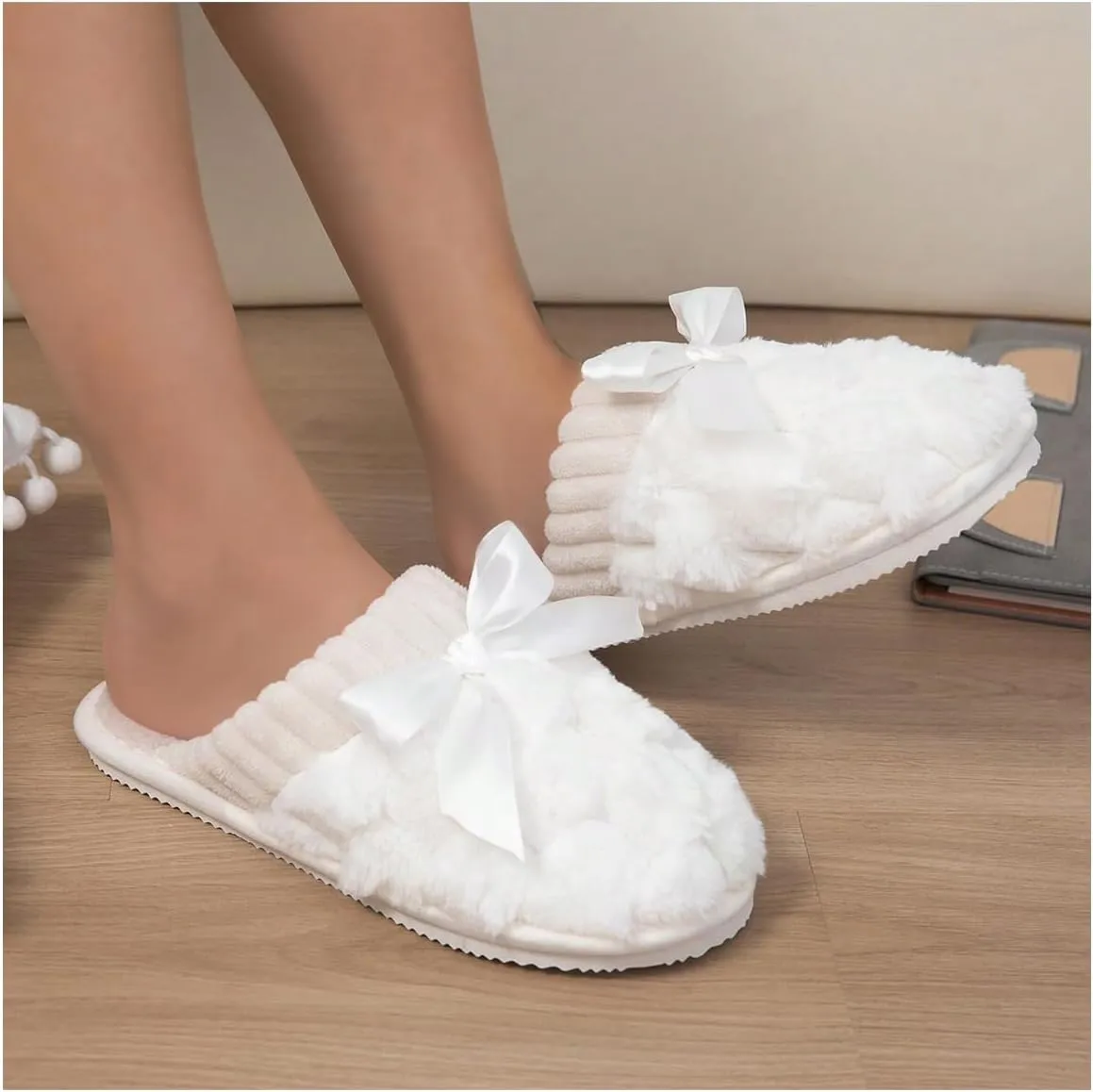 Verdusa Women's Bow Memory Foam Slippers Warm Slip On Faux Fur House Slippers