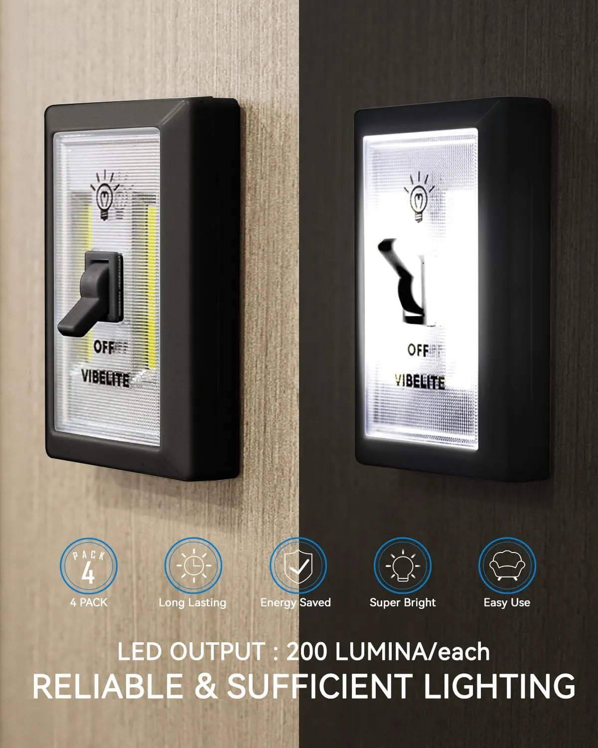 VIBELITE LED Night Light Switch, 200 Lumen Wireless COB LED Lamps Switch Light, Under Cabinet, Shelf, Closet, Garage, Kitchen, Stairwell and Emergency, Battery Operated, 4 Pack, Black