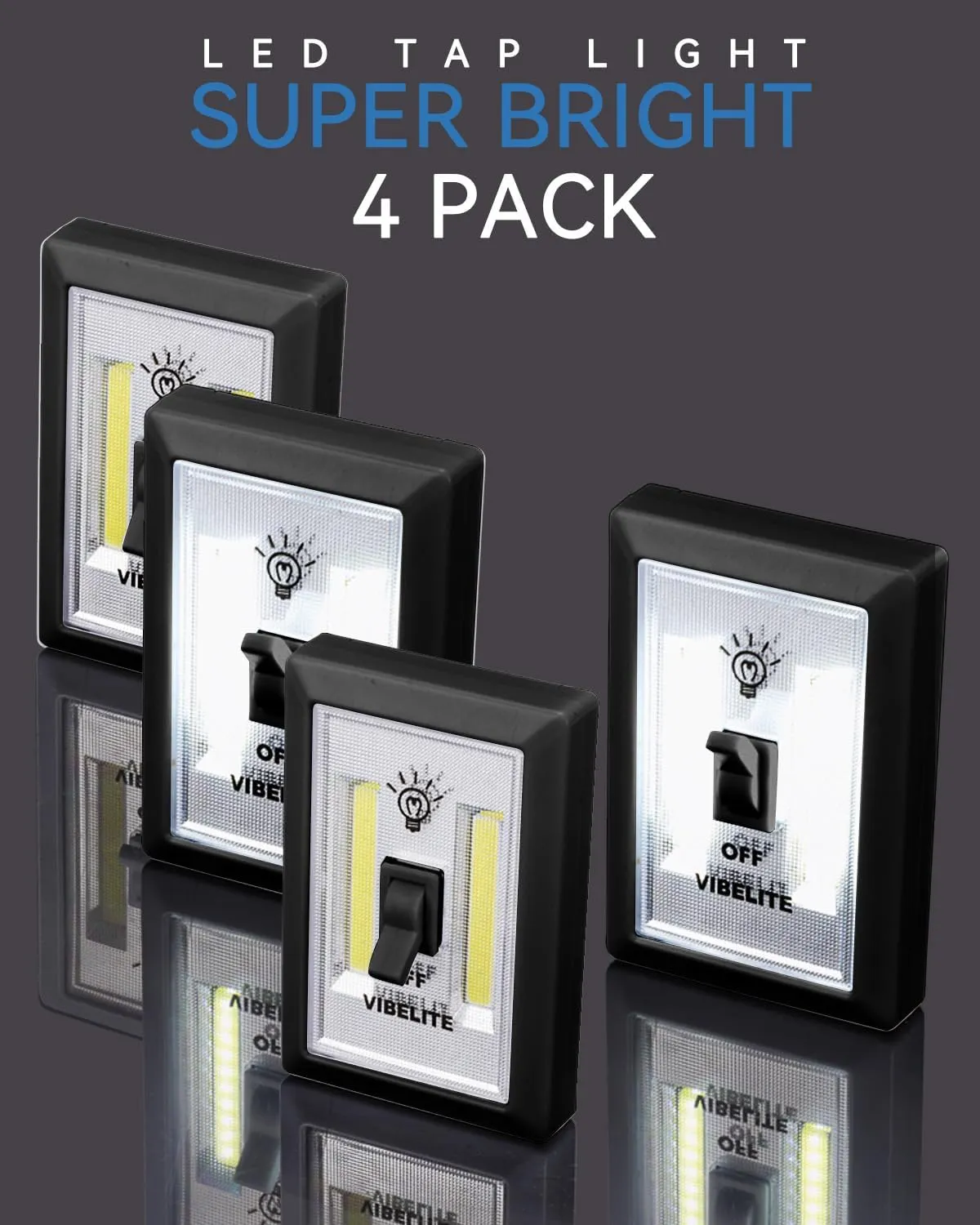 VIBELITE LED Night Light Switch, 200 Lumen Wireless COB LED Lamps Switch Light, Under Cabinet, Shelf, Closet, Garage, Kitchen, Stairwell and Emergency, Battery Operated, 4 Pack, Black