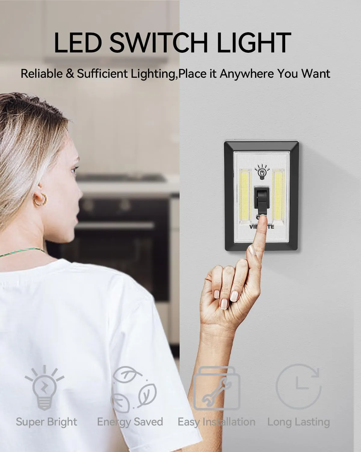 VIBELITE LED Night Light Switch, 200 Lumen Wireless COB LED Lamps Switch Light, Under Cabinet, Shelf, Closet, Garage, Kitchen, Stairwell and Emergency, Battery Operated, 4 Pack, Black
