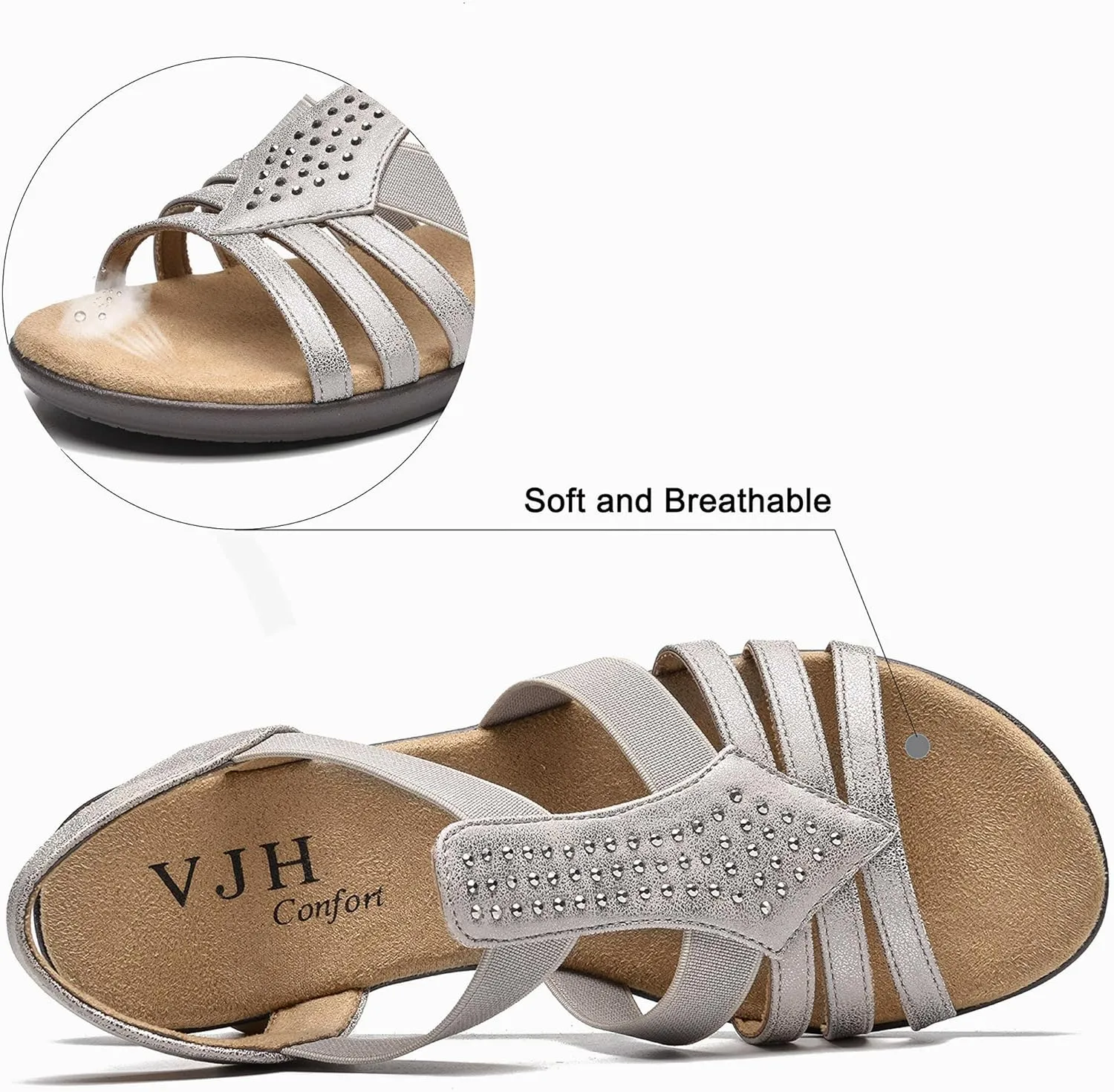 VJH confort Women's Flat Sandals, Comfort Elastic Slip-on Light Weight Slingback Casual Walking Sandals with Rhinestone