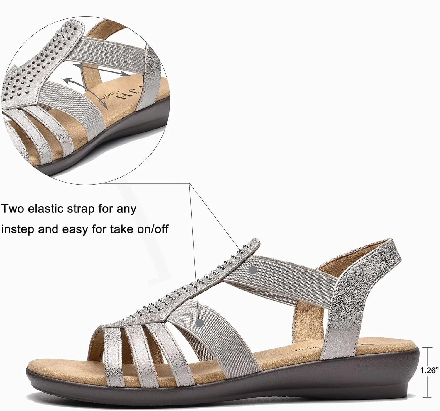 VJH confort Women's Flat Sandals, Comfort Elastic Slip-on Light Weight Slingback Casual Walking Sandals with Rhinestone