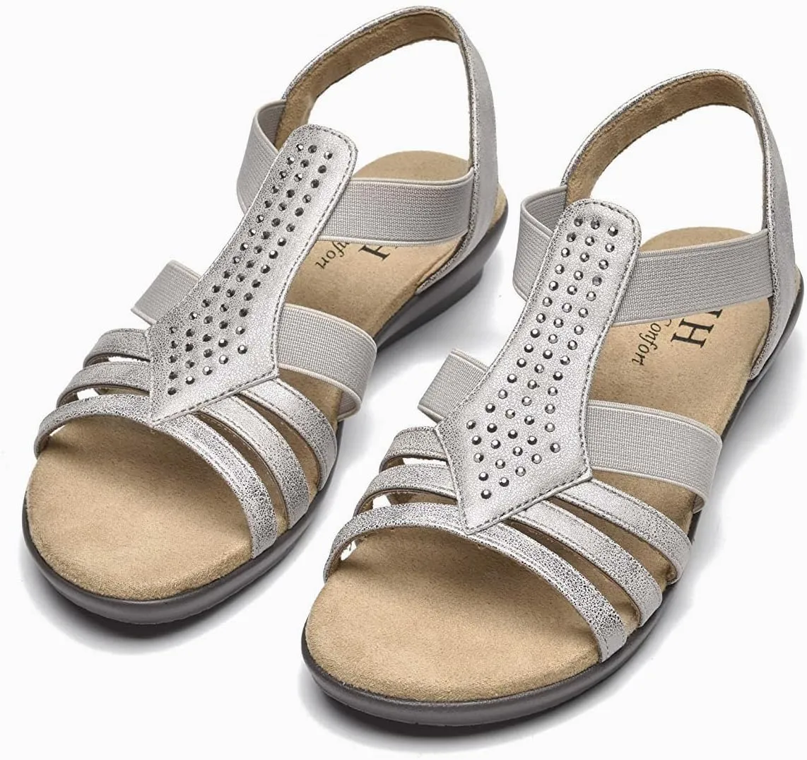 VJH confort Women's Flat Sandals, Comfort Elastic Slip-on Light Weight Slingback Casual Walking Sandals with Rhinestone