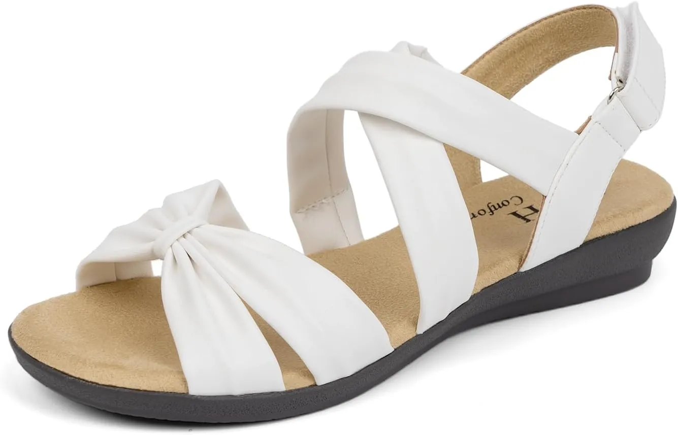 VJH confort Women’s Flat Sandals Comfortable Criss-Cross Bow Dressy Soft Straps Slip-on Flexible Summer Walking Sandals