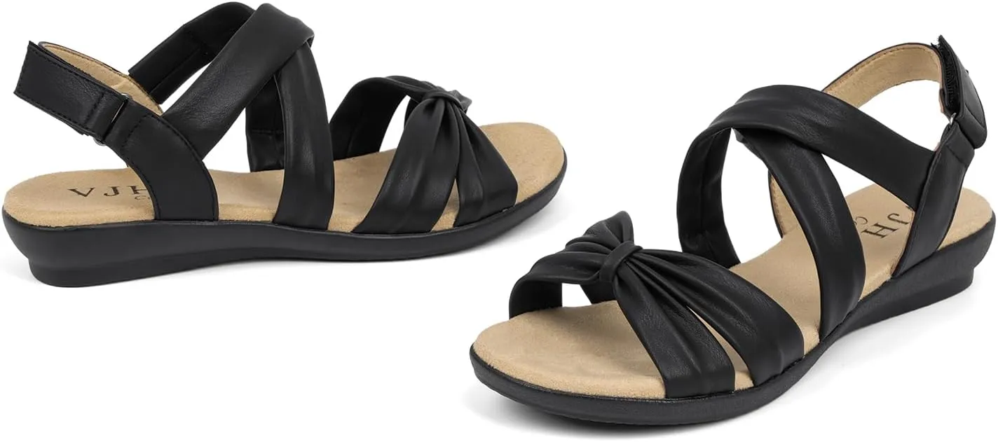 VJH confort Women’s Flat Sandals Comfortable Criss-Cross Bow Dressy Soft Straps Slip-on Flexible Summer Walking Sandals