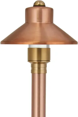 VOLT Flat Hat 12V Copper Path Light (5" Shade, 25" Tall) with 3W 2700K Warm White G4 LED Bulb for Low Voltage Landscape Lighting on Outdoor Pathway, Walkway, Garden, Driveway or Patio