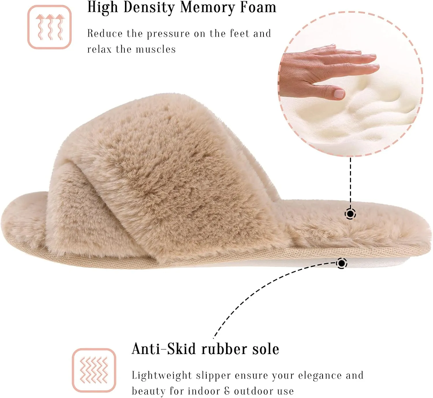 VONMAY Women's Soft Cross Band Slippers Plush Furry Slides Faux Fur Open Toe Comfy Slip On House Shoes