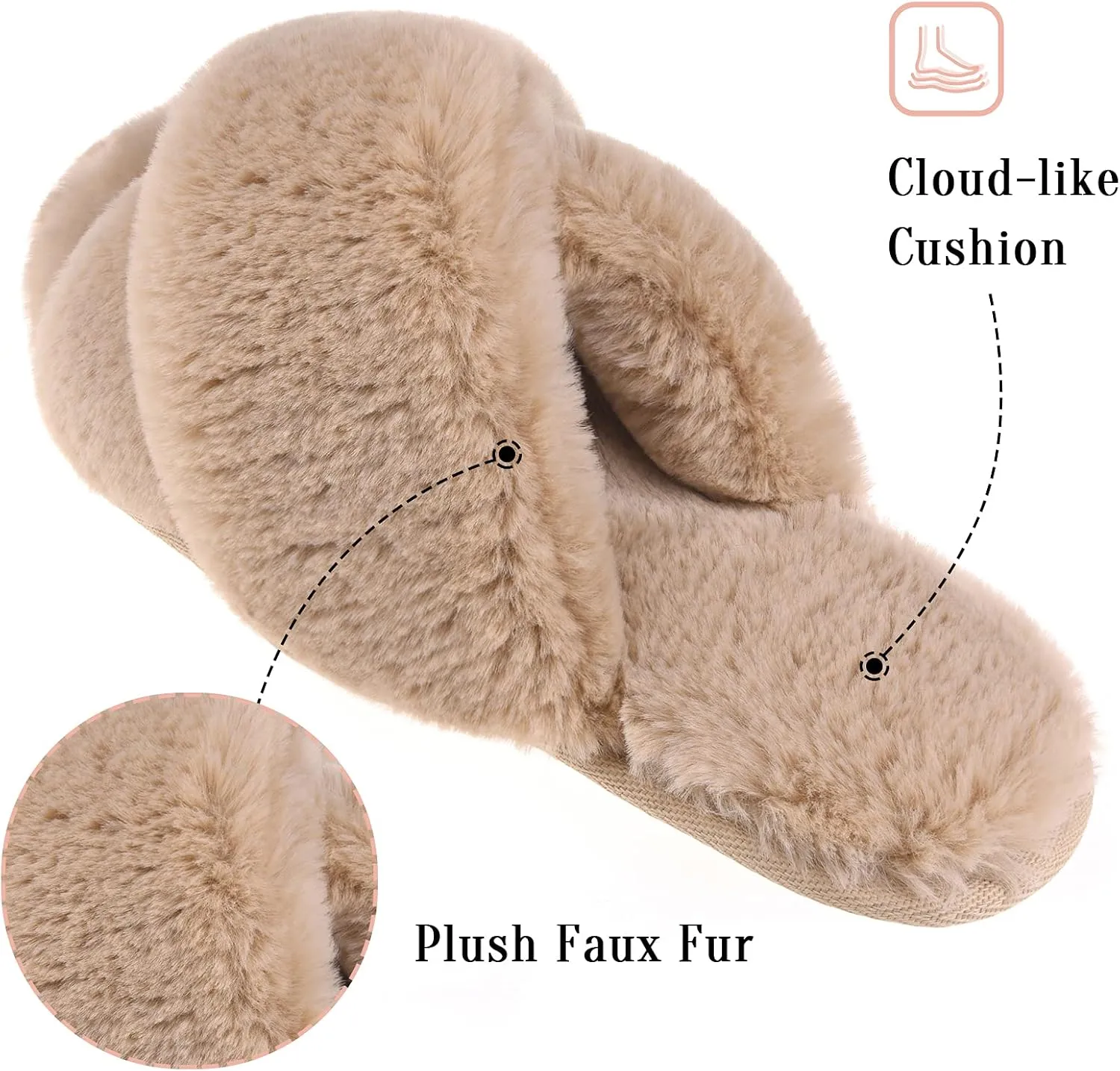 VONMAY Women's Soft Cross Band Slippers Plush Furry Slides Faux Fur Open Toe Comfy Slip On House Shoes