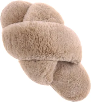 VONMAY Women's Soft Cross Band Slippers Plush Furry Slides Faux Fur Open Toe Comfy Slip On House Shoes