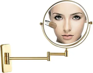 Wall Mounted Makeup Mirror with Magnification, Makeup Mirror for Bathroom, Two-Sided Extendable, 360 Degree Swivel, Extendable Arm, Round, No Light, Gold (Color : 8in, Size : 5X)