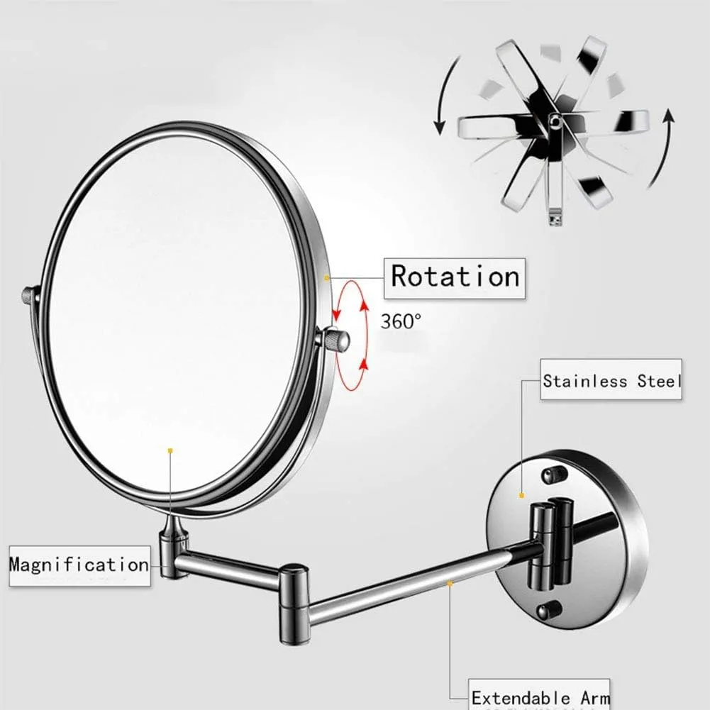 Wall Mounted Makeup Mirror with Magnification,Two-Sided Extendable,360 Degree Swivel,Extendable Arm,Round,No Light (Color : 8in, Size : 3X) (8in 10x)