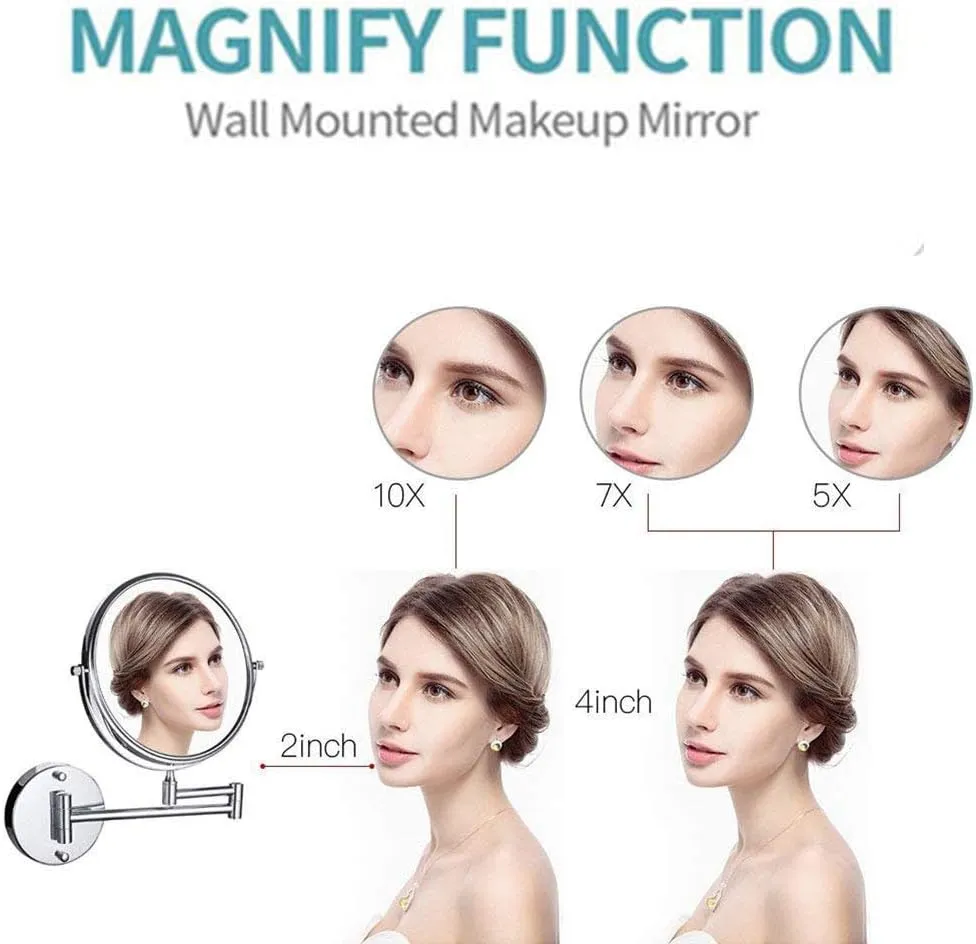 Wall Mounted Makeup Mirror with Magnification,Two-Sided Extendable,360 Degree Swivel,Extendable Arm,Round,No Light (Color : 8in, Size : 3X) (8in 10x)