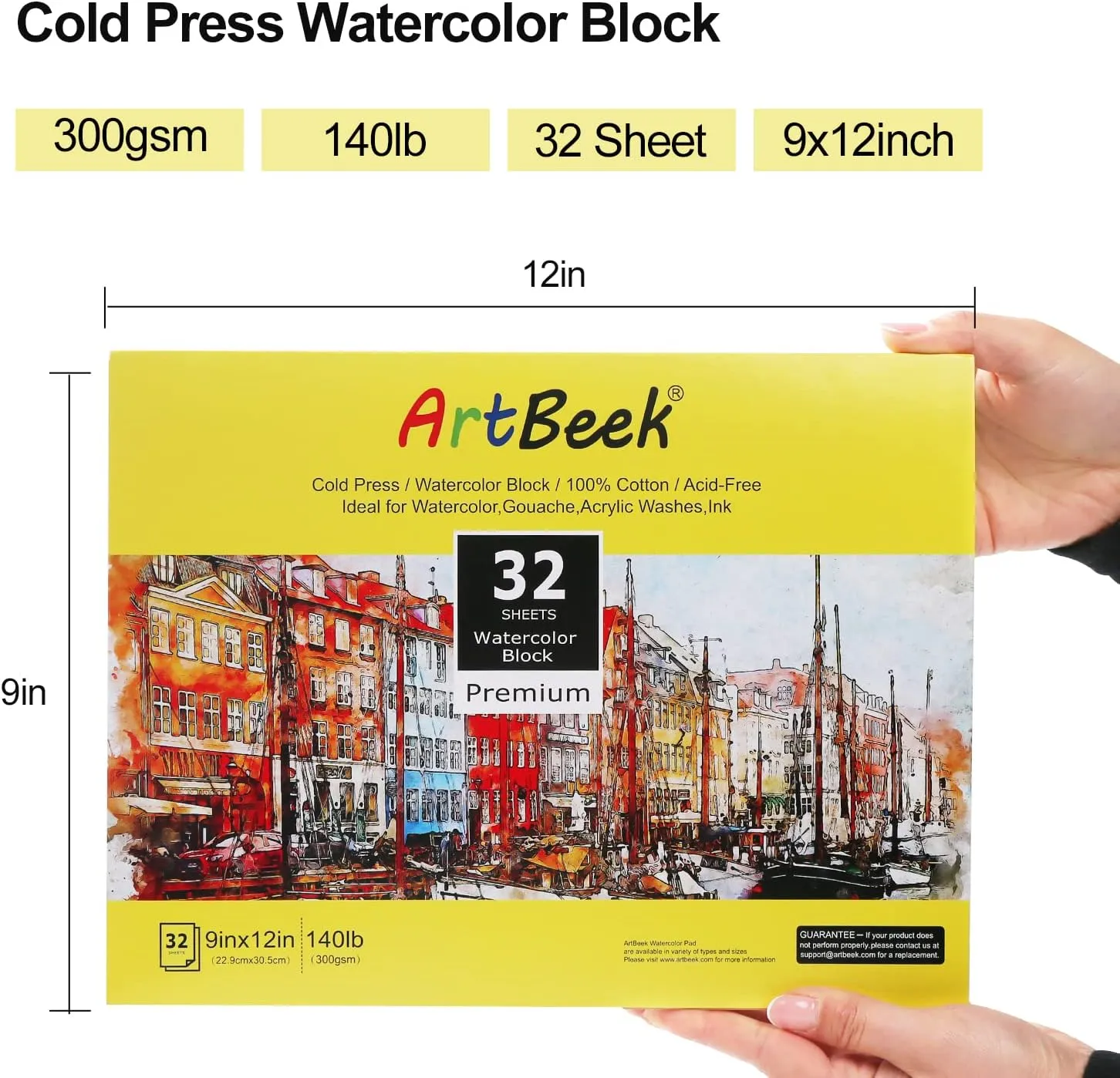 Watercolor Paper Block, Watercolor Block 100% Cotton 140g/300GSM (9X12 Cold Press)