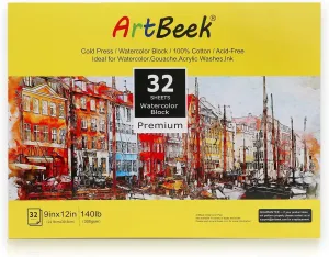 Watercolor Paper Block, Watercolor Block 100% Cotton 140g/300GSM (9X12 Cold Press)