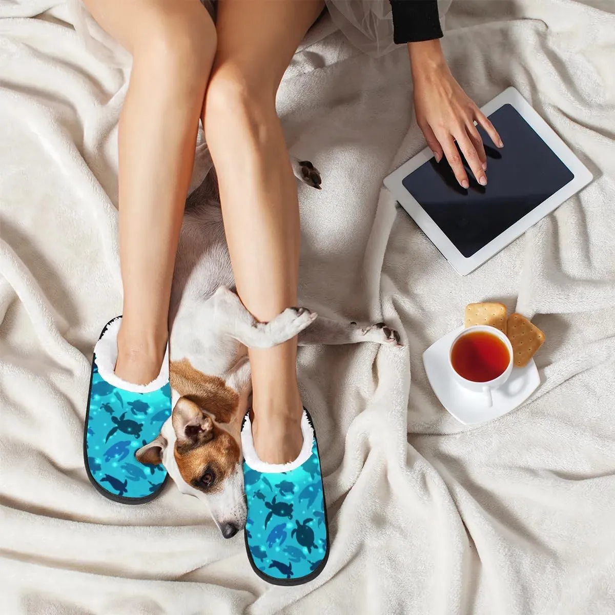 Watercolor Sea Turtle House Slippers, Soft, Comfortable Lining, Polyester, Slip-On, Round Toe, Patterned Animal Print, Adult, Unisex, Homeowners, Comfort Seekers