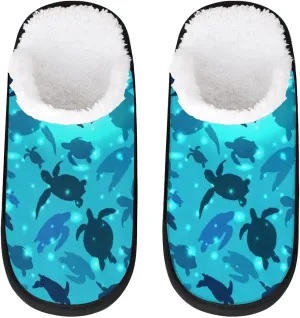 Watercolor Sea Turtle House Slippers, Soft, Comfortable Lining, Polyester, Slip-On, Round Toe, Patterned Animal Print, Adult, Unisex, Homeowners, Comfort Seekers