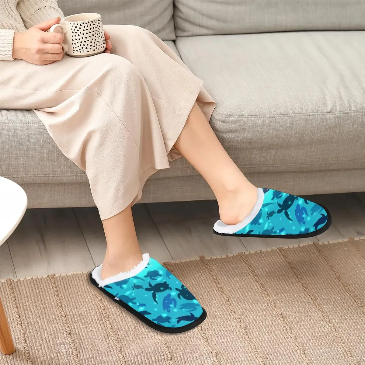 Watercolor Sea Turtle House Slippers, Soft, Comfortable Lining, Polyester, Slip-On, Round Toe, Patterned Animal Print, Adult, Unisex, Homeowners, Comfort Seekers