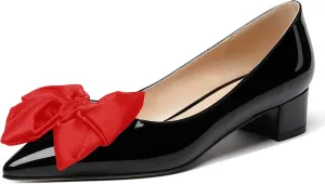 WAYDERNS Women's Pointed Toe Slip On Block Patent Bow Chunky Low Heel Pumps Shoes 1.5 Inch