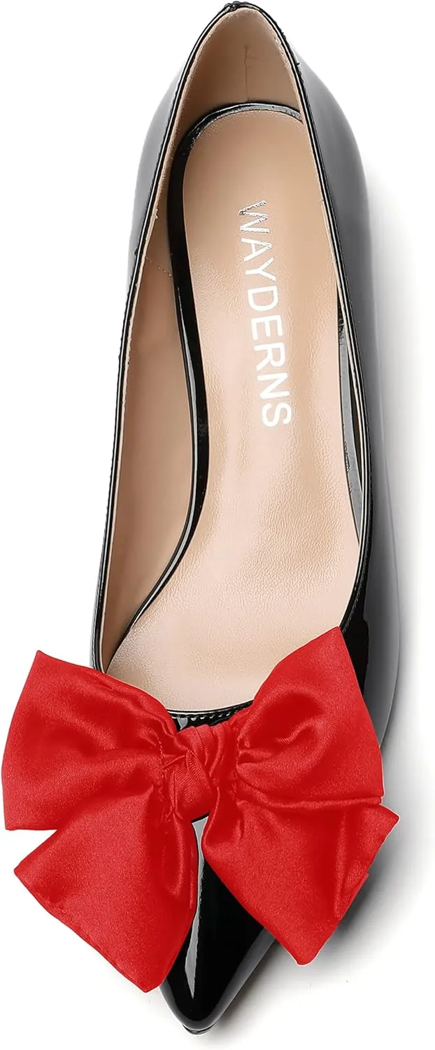 WAYDERNS Women's Pointed Toe Slip On Block Patent Bow Chunky Low Heel Pumps Shoes 1.5 Inch