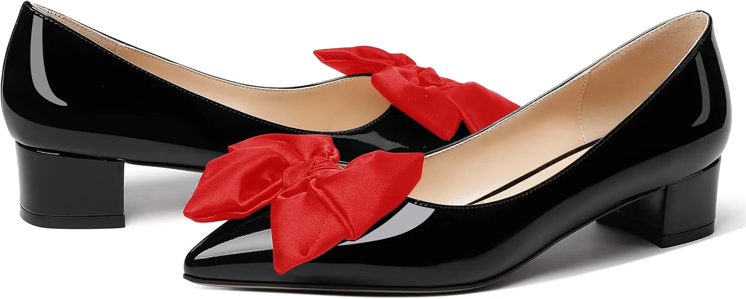 WAYDERNS Women's Pointed Toe Slip On Block Patent Bow Chunky Low Heel Pumps Shoes 1.5 Inch