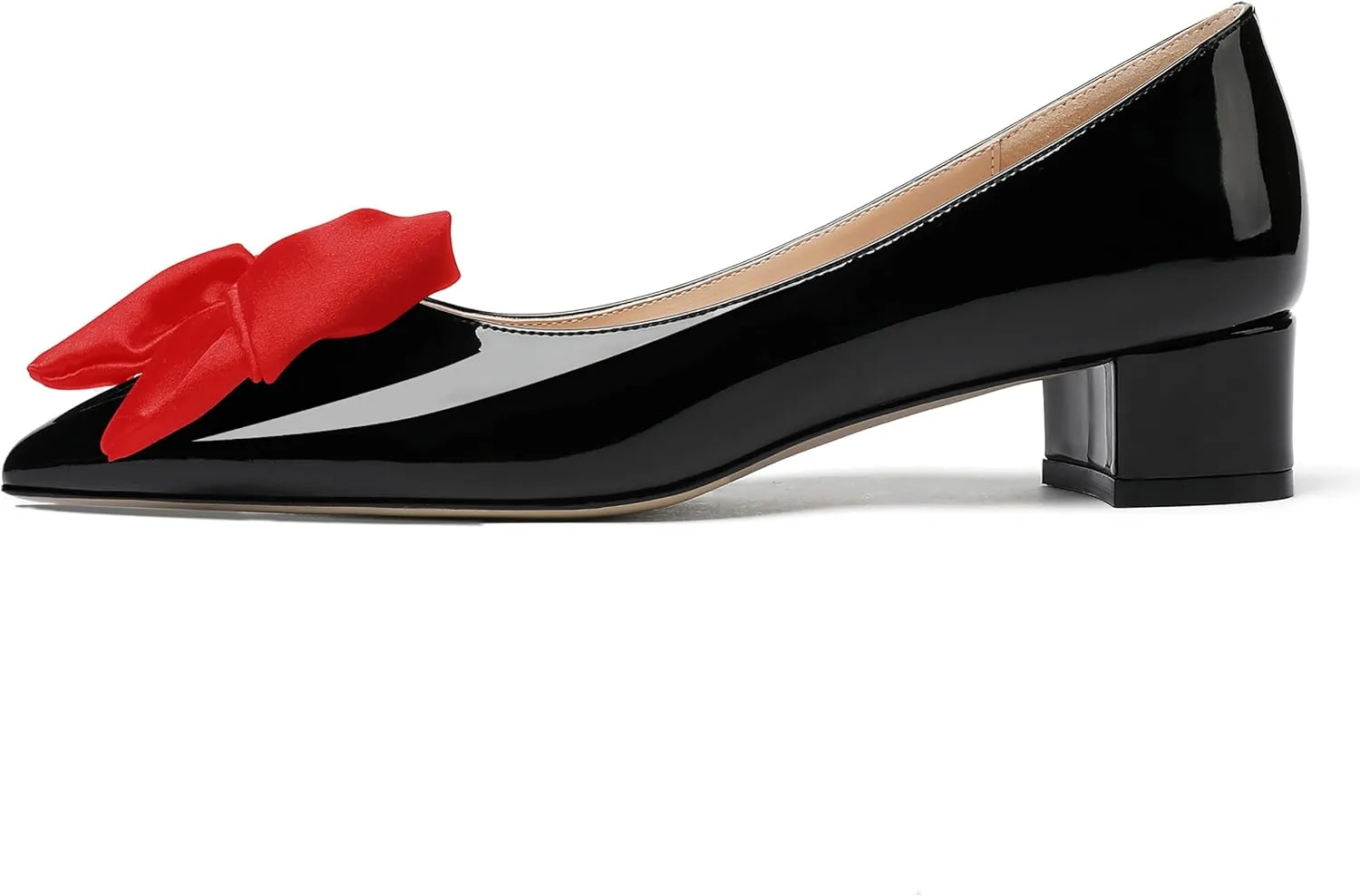 WAYDERNS Women's Pointed Toe Slip On Block Patent Bow Chunky Low Heel Pumps Shoes 1.5 Inch