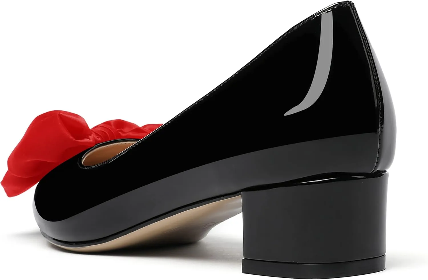 WAYDERNS Women's Pointed Toe Slip On Block Patent Bow Chunky Low Heel Pumps Shoes 1.5 Inch