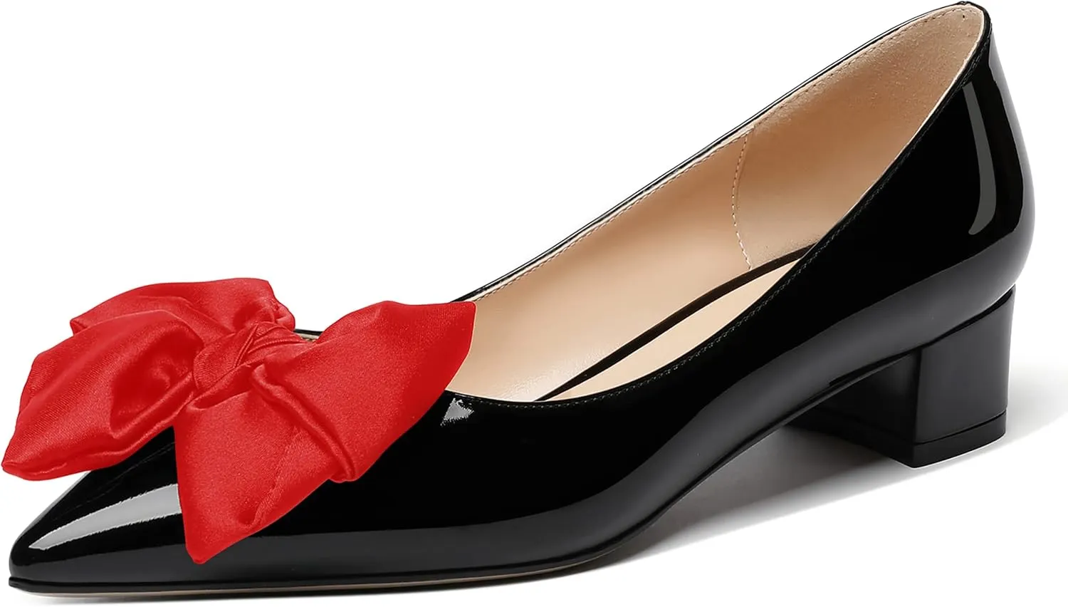 WAYDERNS Women's Pointed Toe Slip On Block Patent Bow Chunky Low Heel Pumps Shoes 1.5 Inch