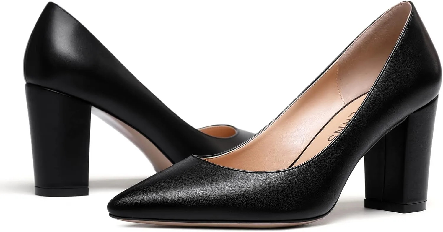 WAYDERNS Women's Slip On Matte Pointed Toe Block High Heel Pumps Shoes 3.5 Inch