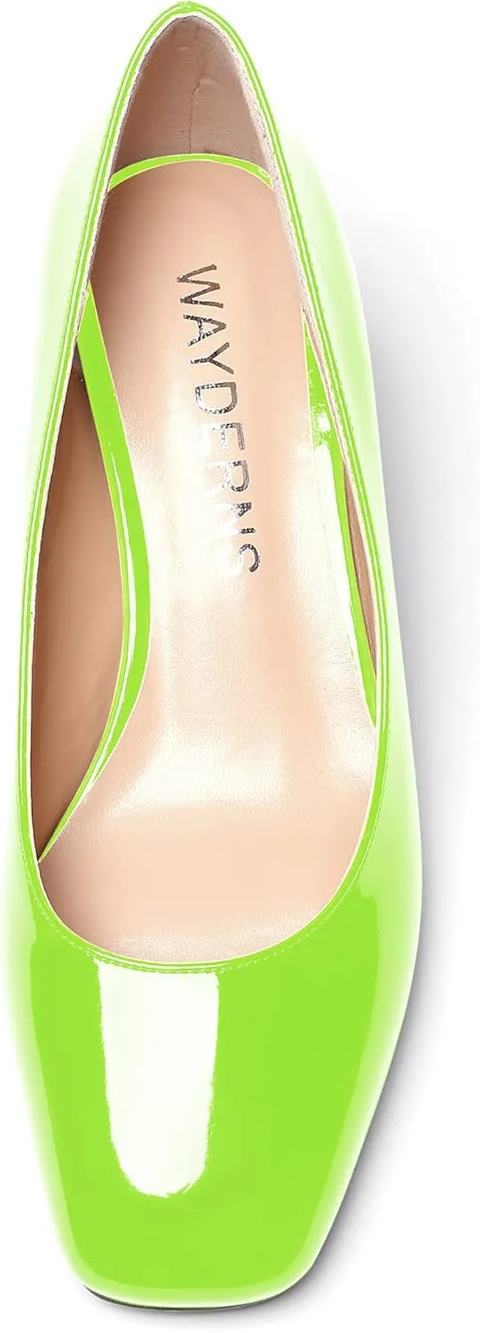 WAYDERNS Women's Slip On Patent Leather Square Toe Low Heel Wedge Pumps Shoes 2 Inch