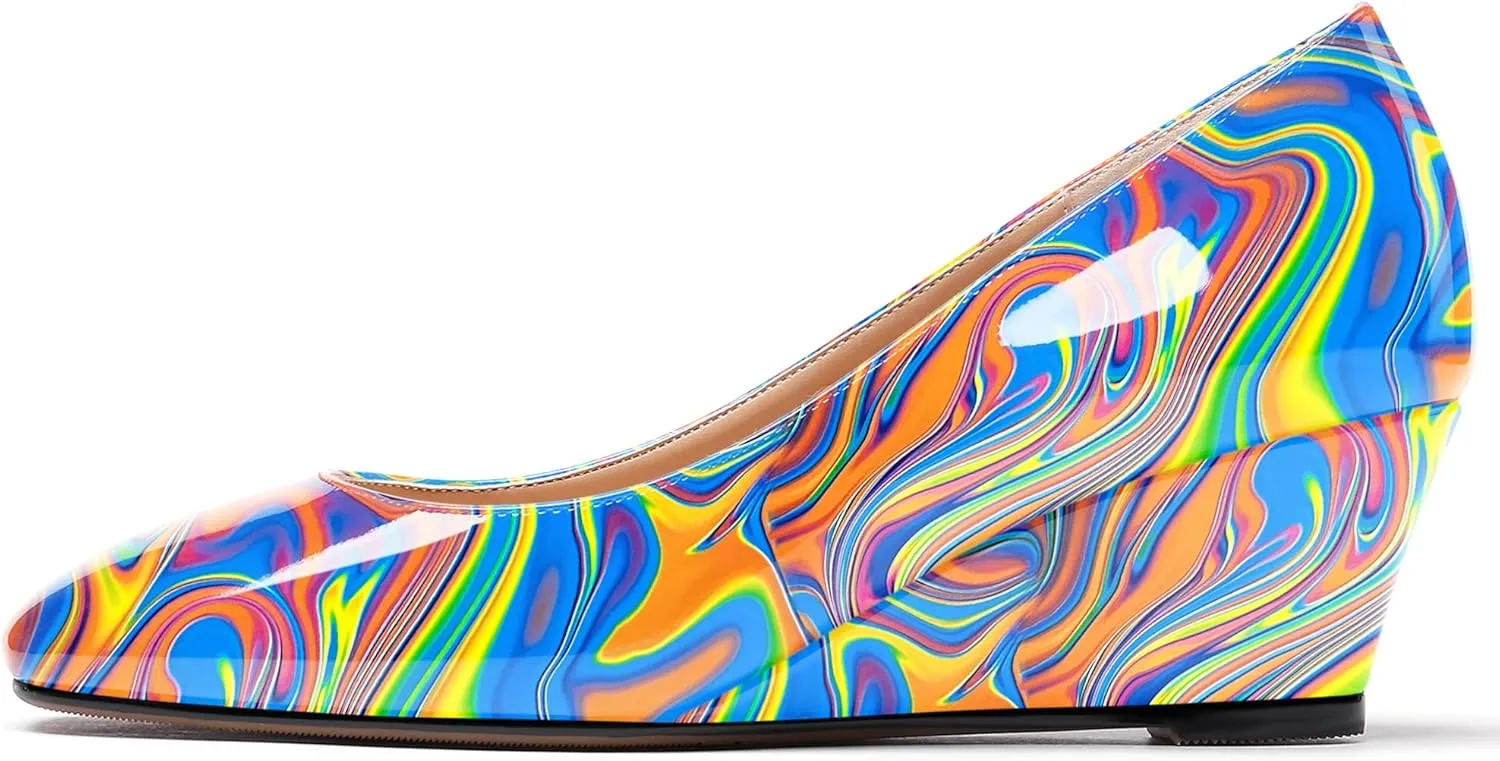 WAYDERNS Women's Slip On Patent Leather Square Toe Low Heel Wedge Pumps Shoes 2 Inch
