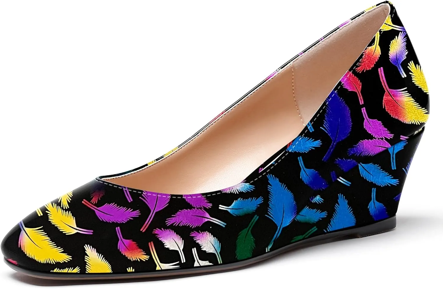 WAYDERNS Women's Slip On Patent Leather Square Toe Low Heel Wedge Pumps Shoes 2 Inch