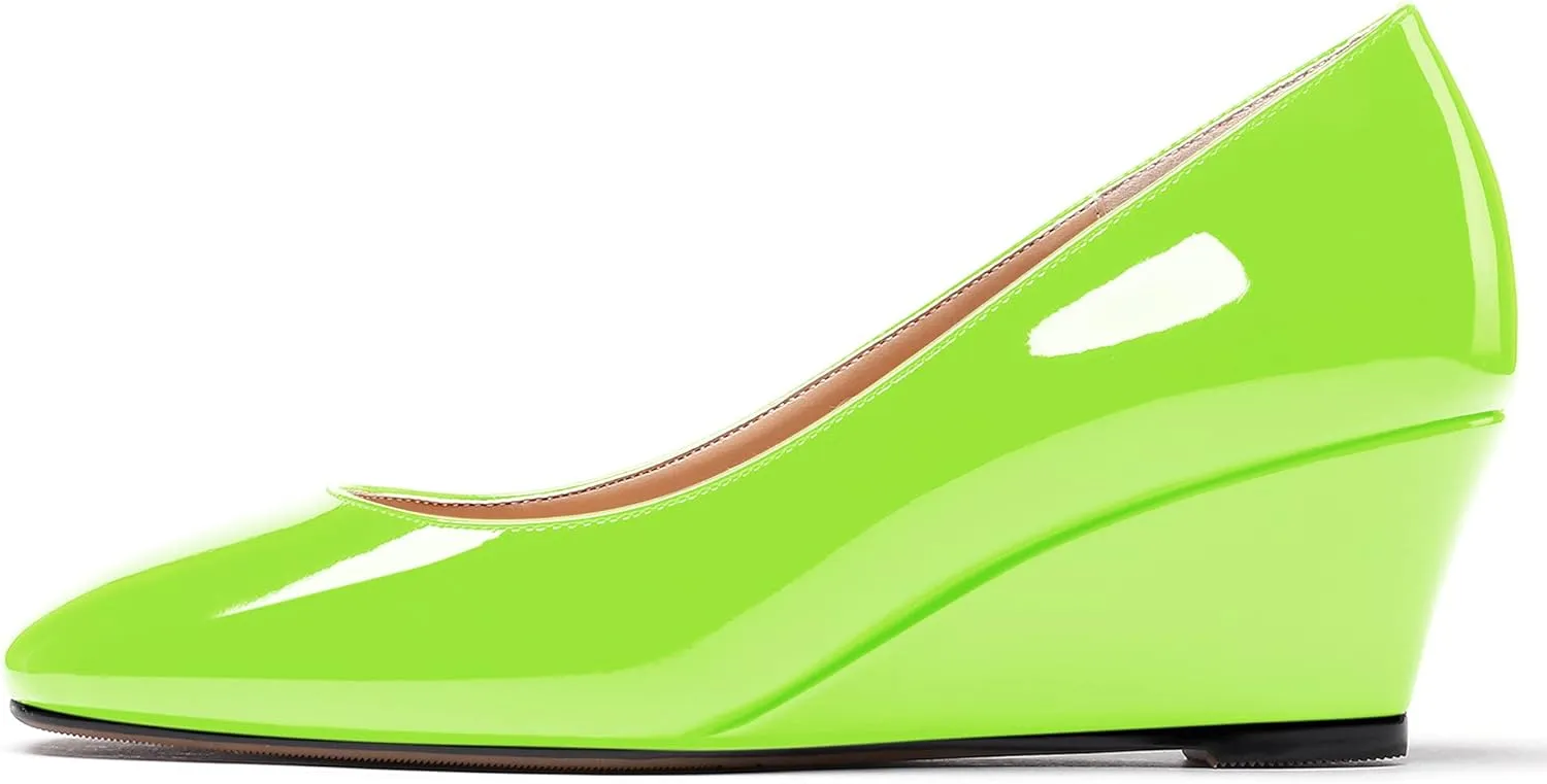 WAYDERNS Women's Slip On Patent Leather Square Toe Low Heel Wedge Pumps Shoes 2 Inch