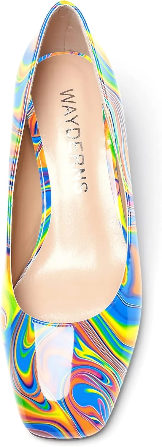WAYDERNS Women's Slip On Patent Leather Square Toe Low Heel Wedge Pumps Shoes 2 Inch