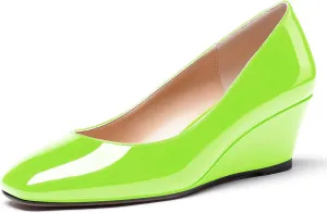 WAYDERNS Women's Slip On Patent Leather Square Toe Low Heel Wedge Pumps Shoes 2 Inch