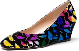 WAYDERNS Women's Slip On Patent Leather Square Toe Low Heel Wedge Pumps Shoes 2 Inch