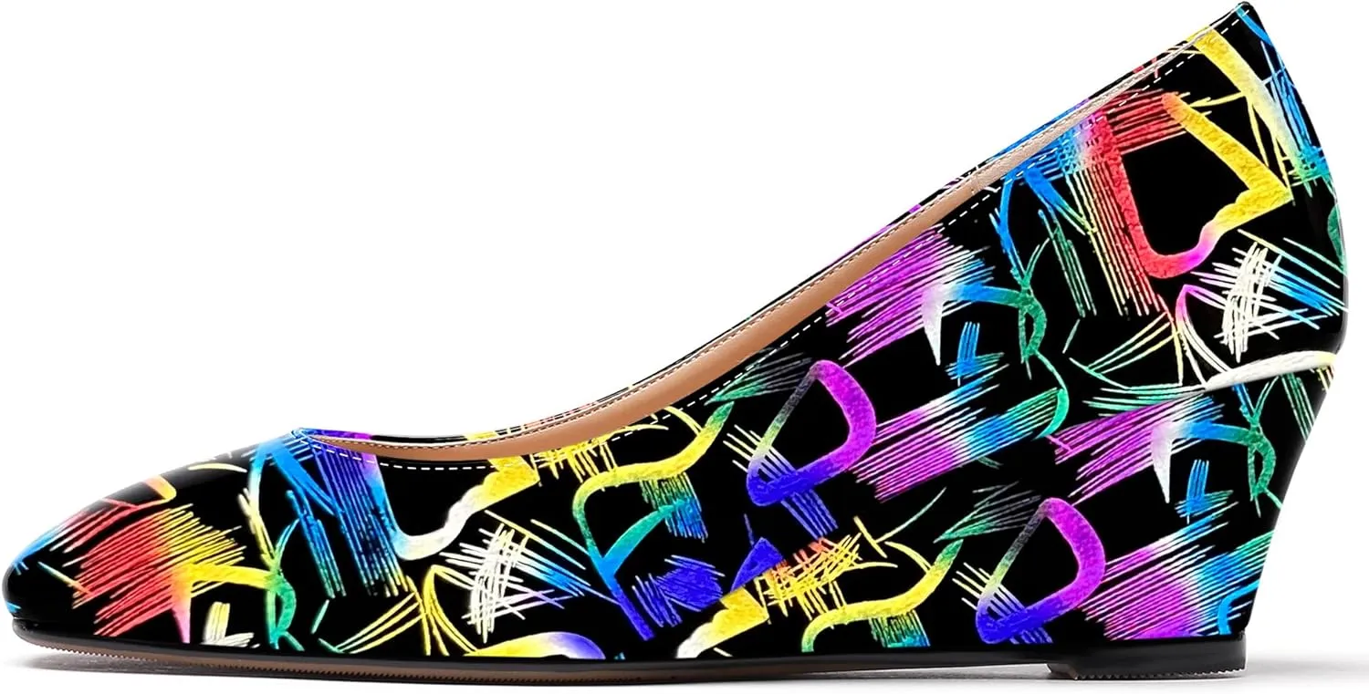 WAYDERNS Women's Slip On Patent Leather Square Toe Low Heel Wedge Pumps Shoes 2 Inch