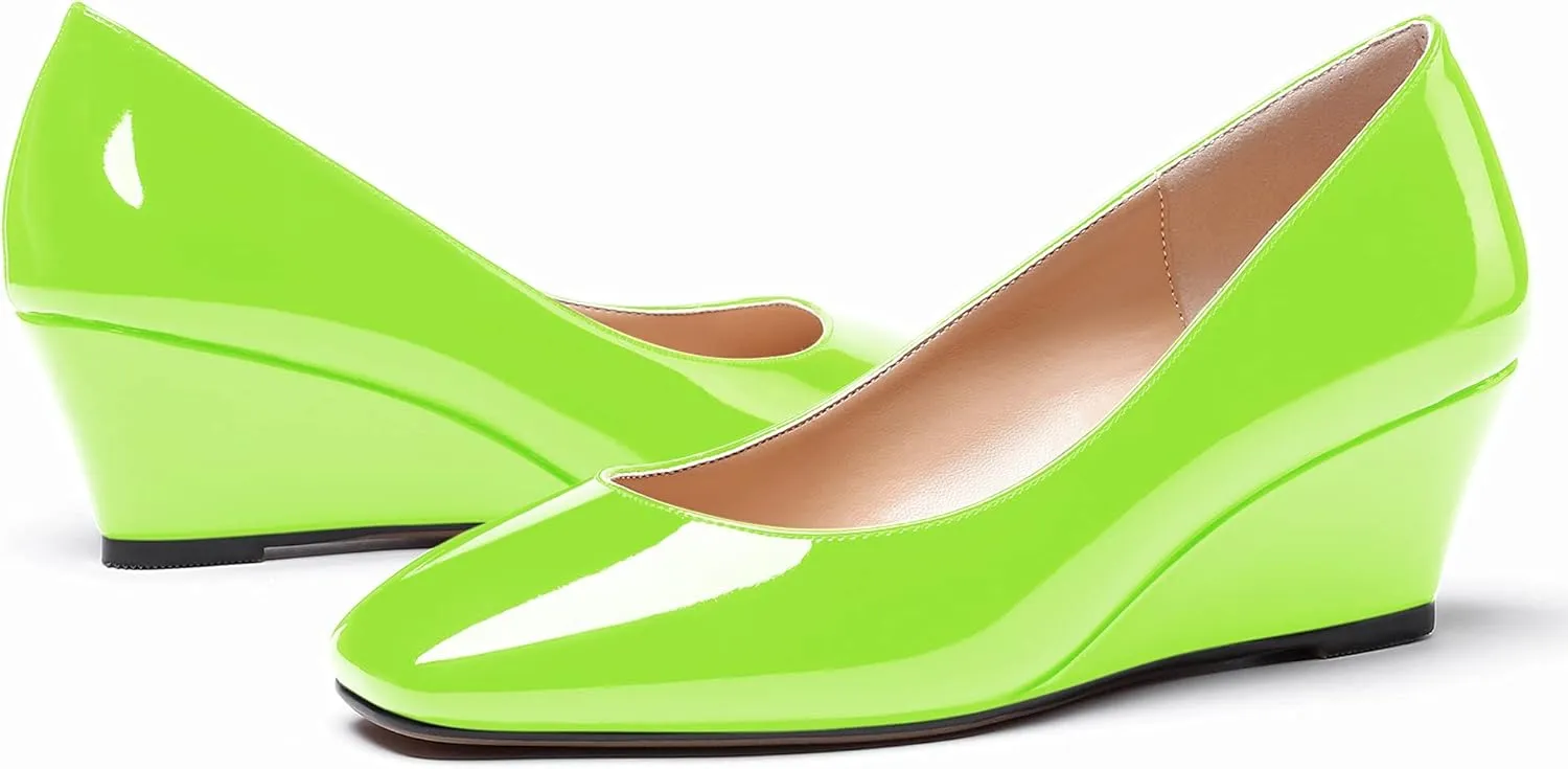 WAYDERNS Women's Slip On Patent Leather Square Toe Low Heel Wedge Pumps Shoes 2 Inch