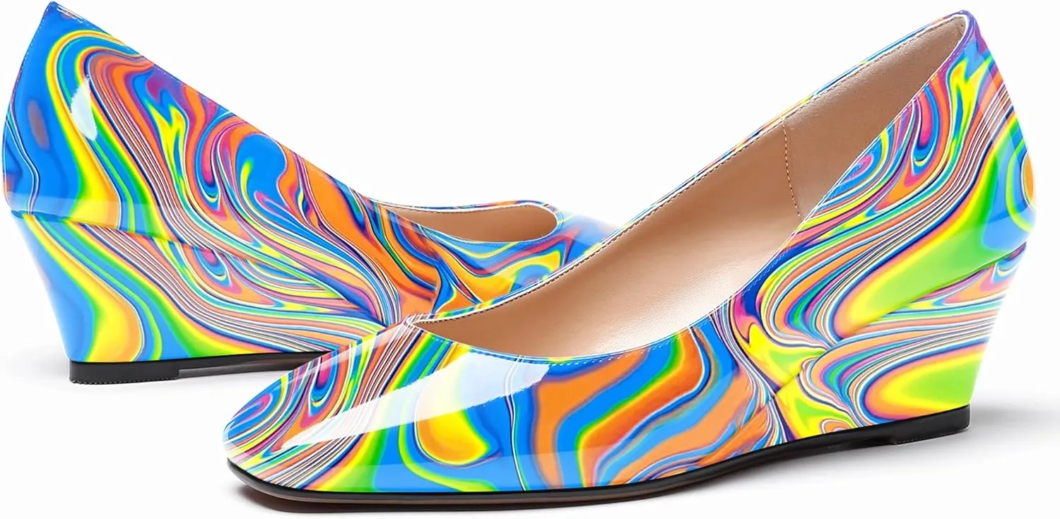 WAYDERNS Women's Slip On Patent Leather Square Toe Low Heel Wedge Pumps Shoes 2 Inch