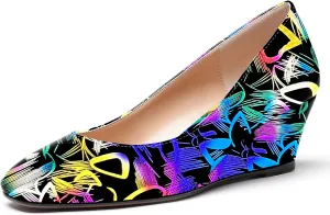 WAYDERNS Women's Slip On Patent Leather Square Toe Low Heel Wedge Pumps Shoes 2 Inch