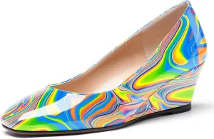 WAYDERNS Women's Slip On Patent Leather Square Toe Low Heel Wedge Pumps Shoes 2 Inch