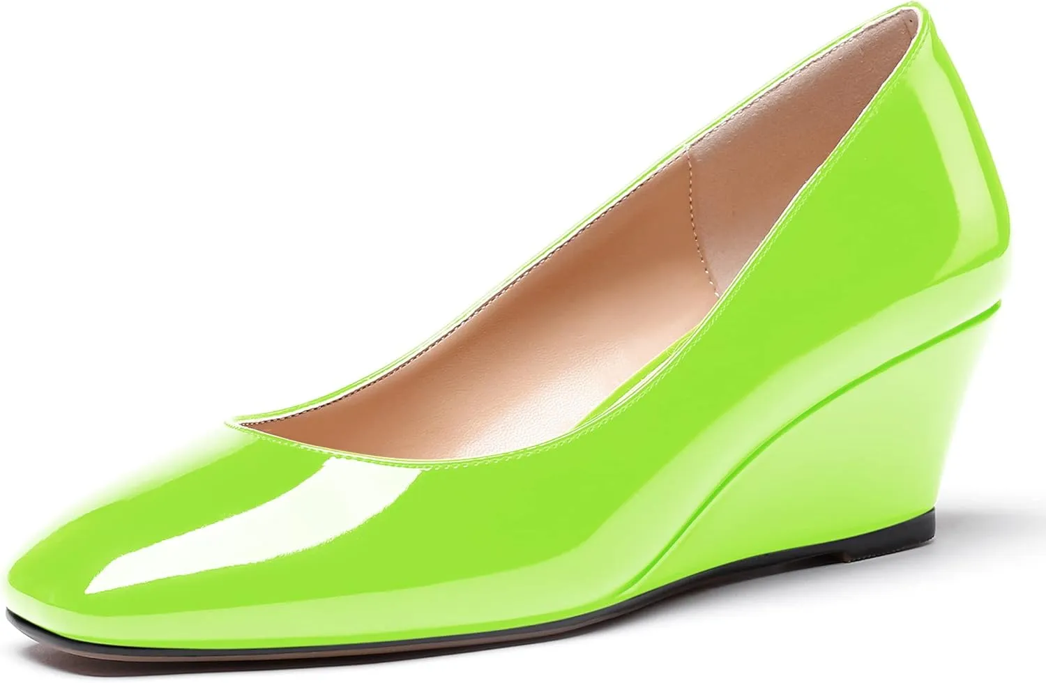 WAYDERNS Women's Slip On Patent Leather Square Toe Low Heel Wedge Pumps Shoes 2 Inch