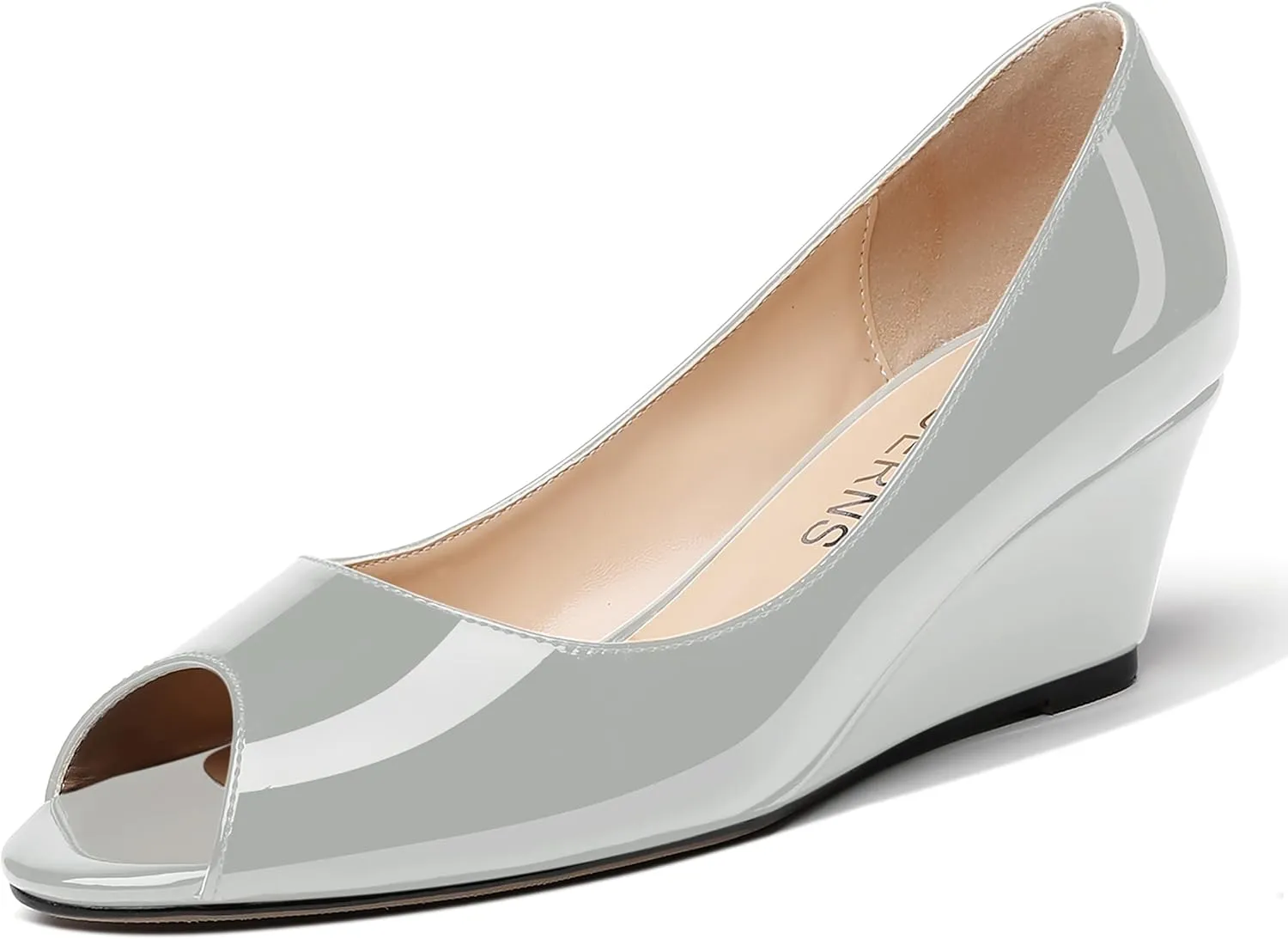 WAYDERNS Women's Slip On Peep Toe Patent Leather Wedge Low Heel Pumps Shoes 2 Inch