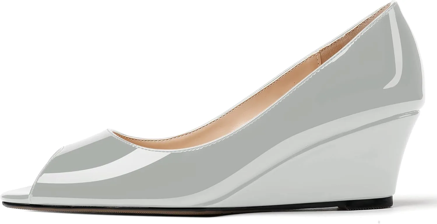 WAYDERNS Women's Slip On Peep Toe Patent Leather Wedge Low Heel Pumps Shoes 2 Inch