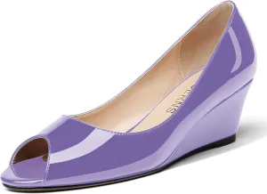 WAYDERNS Women's Slip On Peep Toe Patent Leather Wedge Low Heel Pumps Shoes 2 Inch