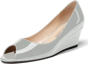 WAYDERNS Women's Slip On Peep Toe Patent Leather Wedge Low Heel Pumps Shoes 2 Inch