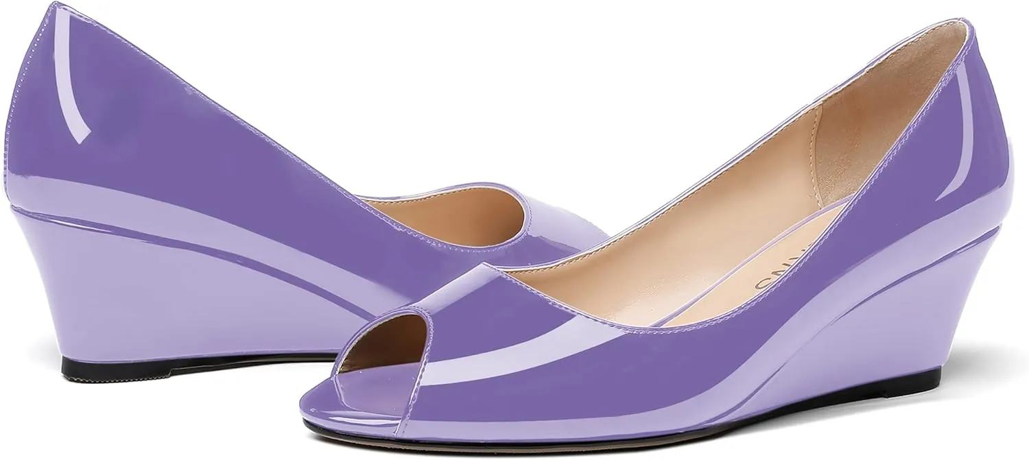 WAYDERNS Women's Slip On Peep Toe Patent Leather Wedge Low Heel Pumps Shoes 2 Inch
