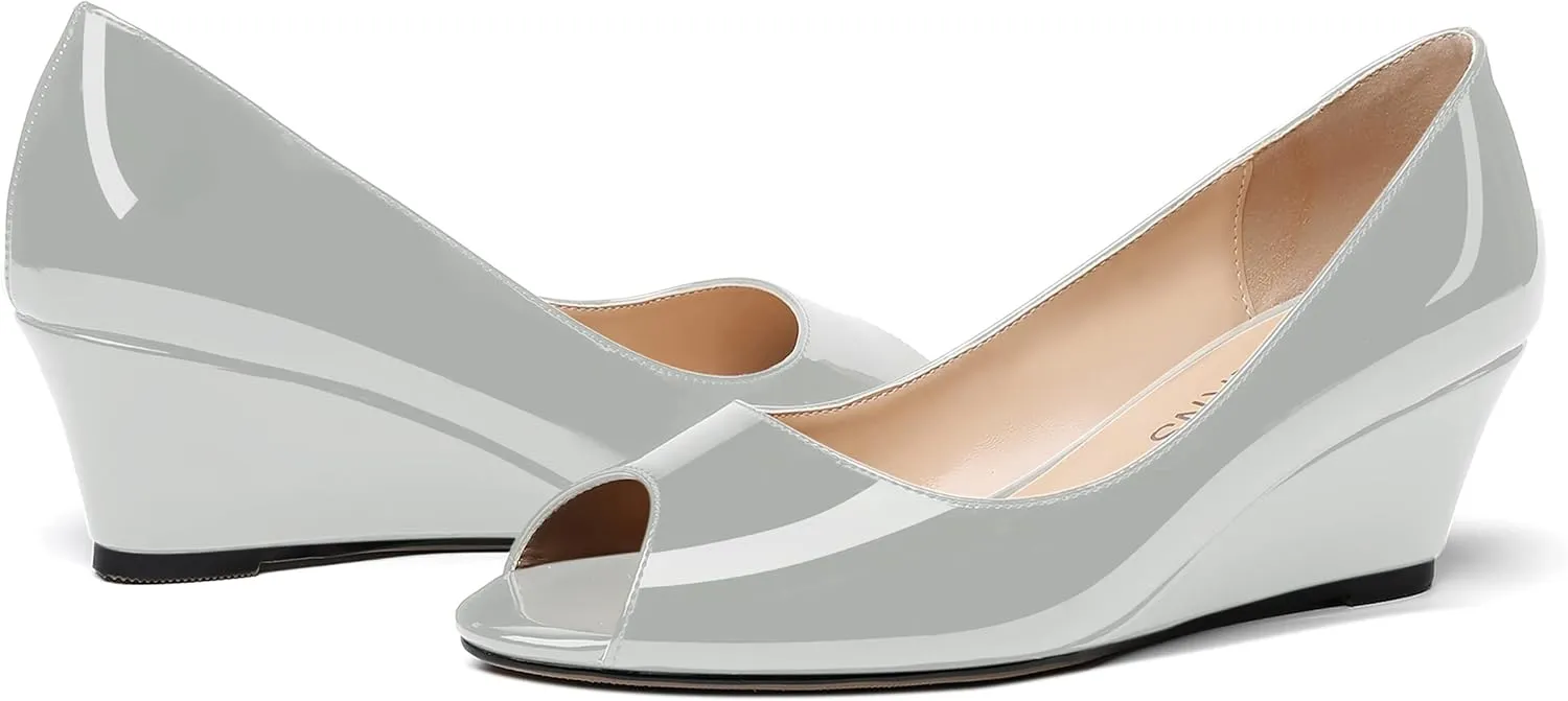 WAYDERNS Women's Slip On Peep Toe Patent Leather Wedge Low Heel Pumps Shoes 2 Inch