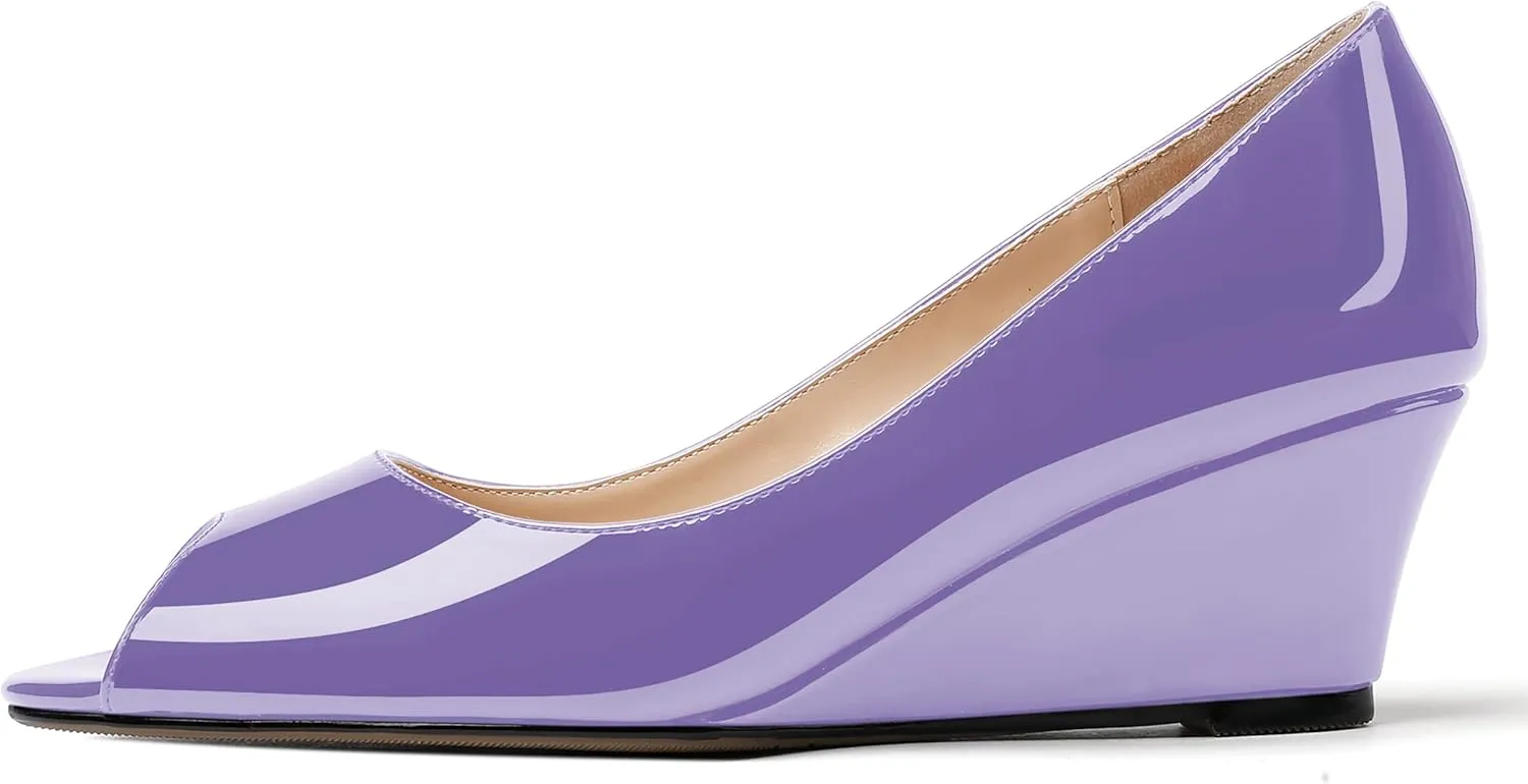WAYDERNS Women's Slip On Peep Toe Patent Leather Wedge Low Heel Pumps Shoes 2 Inch