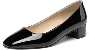 WAYDERNS Women's Square Toe Slip On Patent Chunky Low Heel Pumps Shoes 1.5 Inch